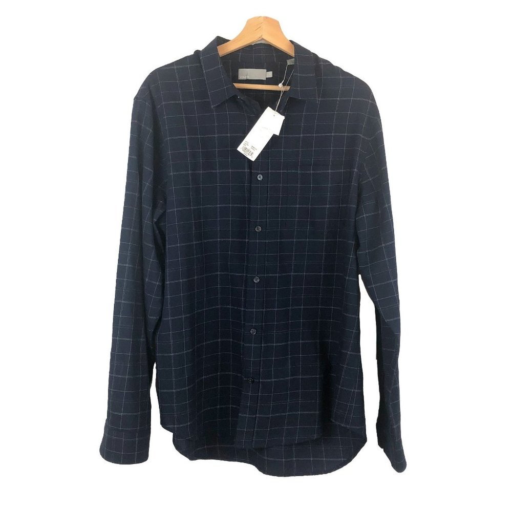 NWT Vince Men's Navy Window Pane Classic Fit Long Sleeve Button Down Shirt L